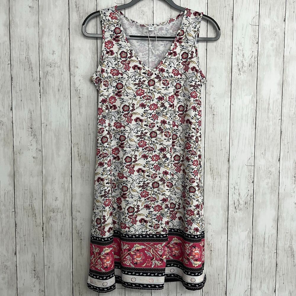 Floral Border Print Shift Dress V-Neck Sleeveless Pink White Black Summer Medium